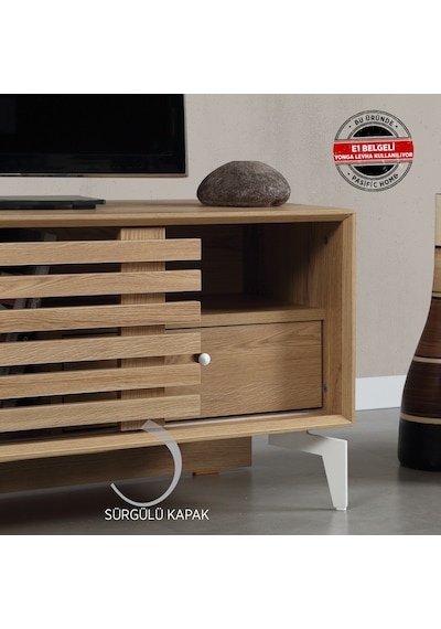 Lulu Metal Ayaklı Tv Ünitesi 100Cm / Sürgülü Kapaklı Tv Sehpası