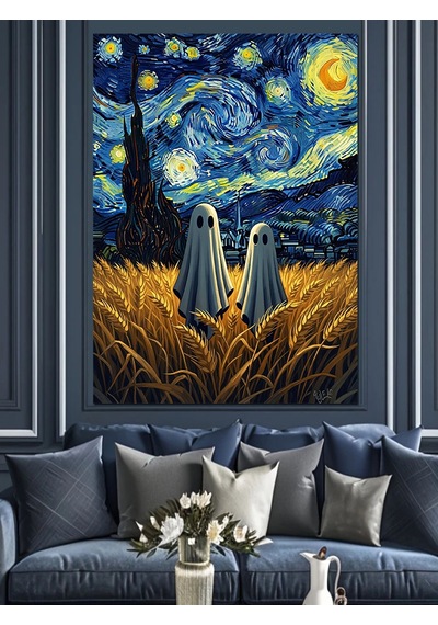 Van Gogh Yıldızlı Gece Ve Hayalet Dekoratif Kanvas - Mdf Ahşap Tablo