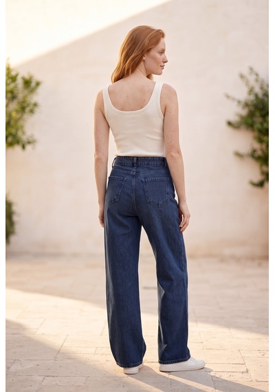 Soulshae Yüksek Bel Geniş Paça Denim Pantolon Lacivert
