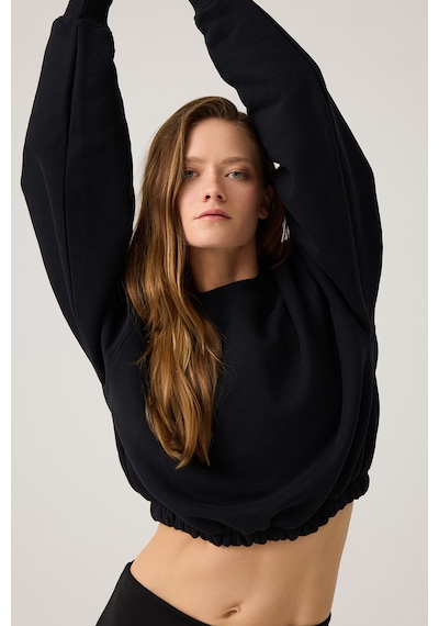 Los Ojos Siyah Geniş Kalıp Beli Büzgülü Crop Sweatshirt Cropped Pullover Siyah Siyah