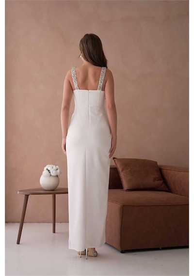 Dip Moda Dipmoda Kadın Taş Detaylı Askılı Uzun Abiye Elbise Dpnbs9367 Beyaz