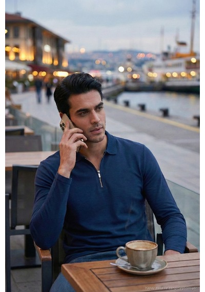 Buratti Pamuklu Slim Fit Yarım Fermuarlı Polo Yaka Erkek Sweat 5903010 Indigo