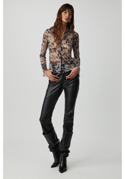 Grimelange Caıtlın Kadın Tül Kumaşlı Transparan Slim Fit Vücüdu Saran Siyah Desenli Gömlek