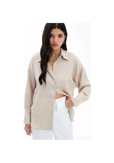 Sateen Kendinden Çizgi Desenli Gömlek - Taş Taş