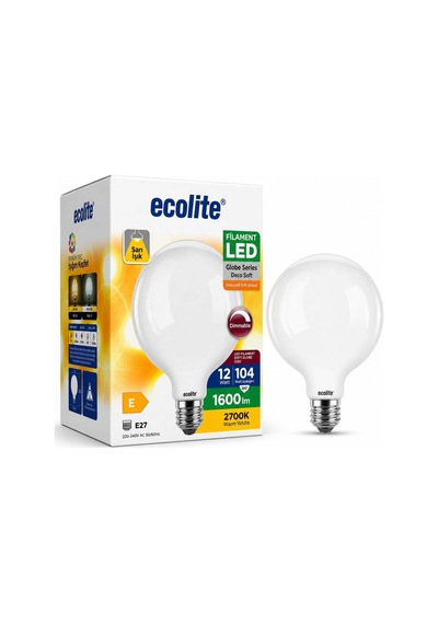 Ecolite G125 Büyük Boy Led Ampul 12w 104w Eşdeğer E27 Duy Dimmer Uyumlu 1600 Lümen 2700k Sarı Işık Dekoratif Soft Globe Ampul 178x125 Mm