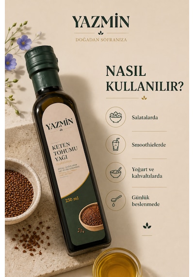 Yazmin Keten Tohumu Yağı 250 Ml Cam Şişe Soğuk Sıkım %100 Saf Doğal Keten Yağı