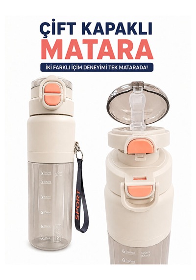 Çift Kapaklı Matara Suluk 920 Ml 2 Farklı İçim Seçeneği, Spor Ve Günlük Kullanım Bej
