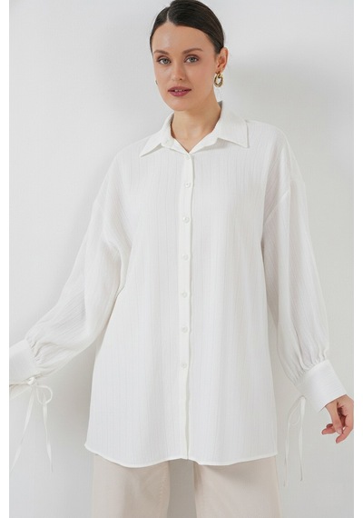 Bigdart Kadın Oversize Bağcıklı Gömlek 5954 - Beyaz