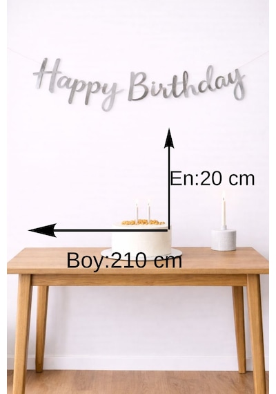 Gümüş Happy Birthday Kaligrafi Banner Doğum Günü Süs Gri
