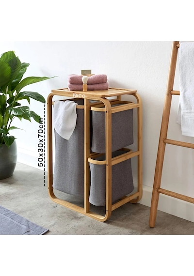 Kirli Çamaşır Sepeti Ahşap - Bambu 3 Organizer Bölmeli Kumaş Çantalı 50x30x70cm Bx40 Renkli