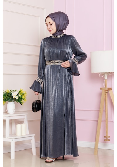 Kolu Volanlı Nakış Detaylı Abiye-lacivert-4710