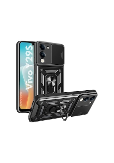 Vivo Y29s Uyumlu Tank Kılıf - Yüzüklü Standlı Extra Darbe Koruma Zırhlı Outdoor Kapak - Siyah
