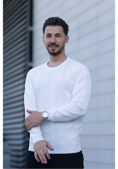 Hk Premium Bisiklet Yaka Örgü Desenli Slim Fit Triko Kazak Beyaz