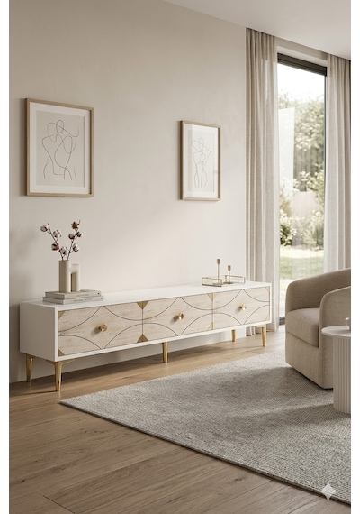 Tsa1897btg Alfa Tv Sehpası Beyaz-traverten-gold 180cm