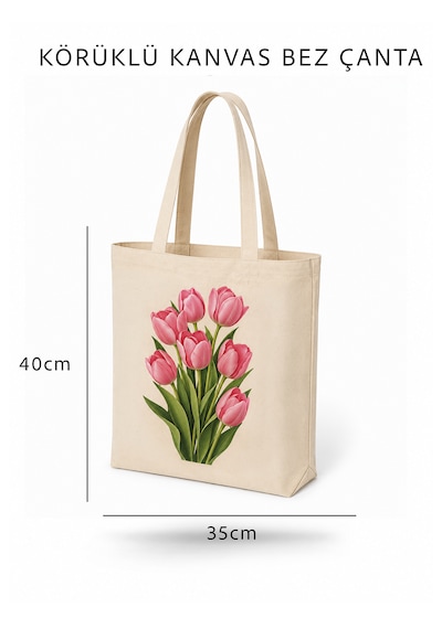Lunora Collection Pembe Lale Baskılı Körüklü Kanvas Bez Çanta Ham Renk