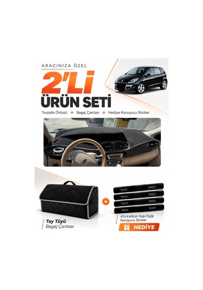 E-biz Renault Scenıc 3 2009-2016 Uyumlu Torpido Örtüsü + Tay Tüyü Çanta - Siyah-gri - Re045