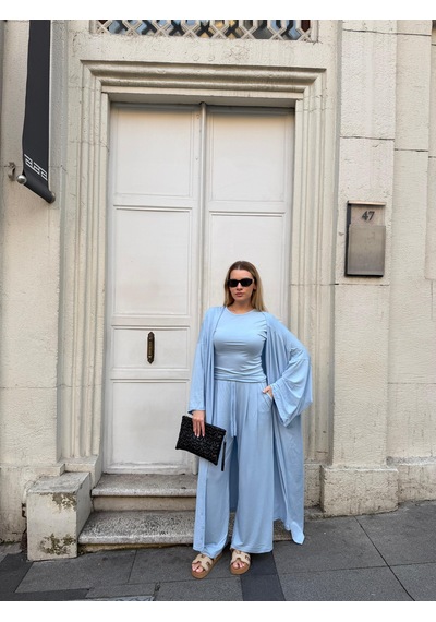 Bonacosa Kadın Viskon 3 Lü Takım Kimono + Beli Lastikli Salaş Pantolon + Kısa Kol Tshirt 8 Renk Bebek Mavisi Bonacosa Kadın Viskon 3 Lü Takım Kimono + Beli Lastikli Salaş Pantolon + Kısa Kol Tshirt 8 Renk Bebek Mavisi