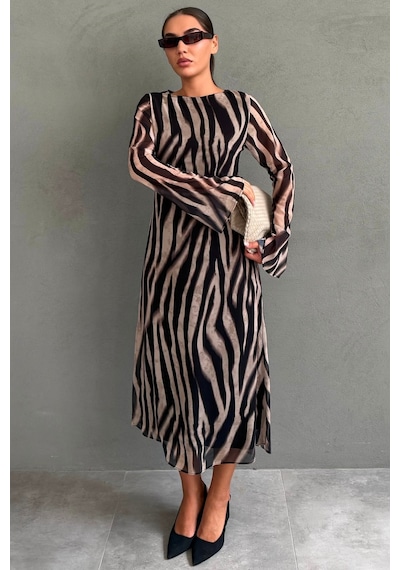 Madmext Bej Zebra Desenli Şifon Midi Elbise Mg2854
