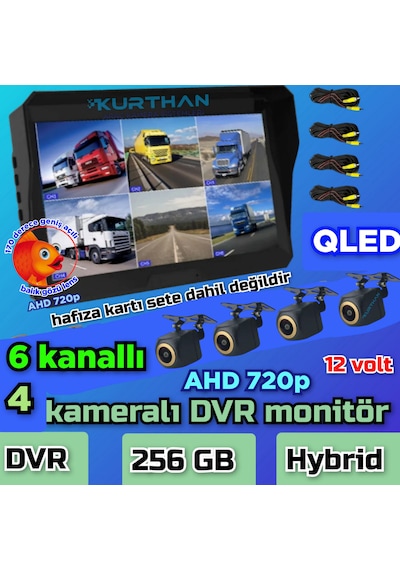 4 Adet 4x3 Cm. 170 Derece Balık Gözü Lens Ahd 720p Kamera Qled Ekran 10'' Dvr 12 V 256 Gb