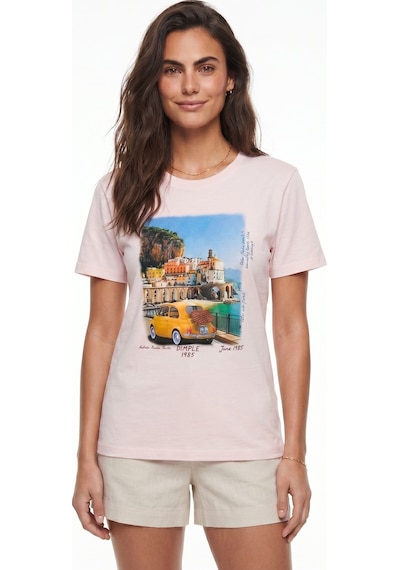 Onloox Kadın Toz Pembe Toz Pembe Pamuklu Bisiklet Yaka Kısa Kollu Italy Temalı Baskılı Günlük Örme T-shirt