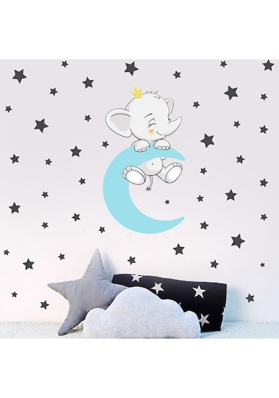 Artikel Ayda Uyuyan Sevimli Fil ve Yıldızlar Çocuk Odası Duvar Sticker 50 x 70 Cm