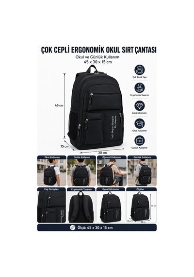 Okul Sırt Çantası Çok Cepli Lüks Ergonomik Öğrenci Günlük Kullanım Çantası 45x30x15 Cm Çok Renkli