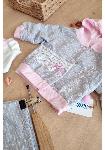 Sitilin Kız Bebek Tavşan 3 Lü Kapişonlu Bebek Takım Seti Stl6418 Gri - Pembe