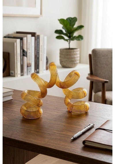 El Yapımı Modern Soyut Sarmal Cam Dekoratif Heykel Kehribar / Bal Rengi 14cm