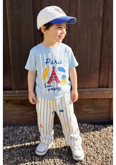 Monila Erkek Çocuk Pamuklu Mavi Paris Baskılı T-shirt Ve Çizgili Pantolon Alt Üst Takım
