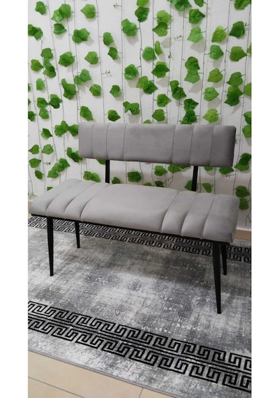 Özcan Metal Siyah Metal Ayaklı Metal Kasalı Sırtlı Mutfak Salon Antre Yatak Odası Balkon Puf Bank Bench Oturak Gri