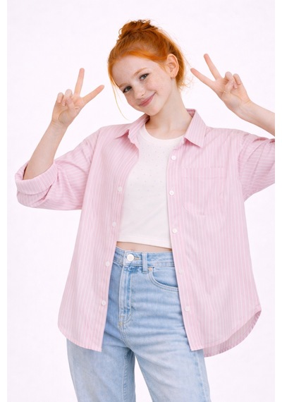Ahengim Kız Çocuk Çizgili Taşı Crop Badili Gömlek Takım Ak2606 Pembe