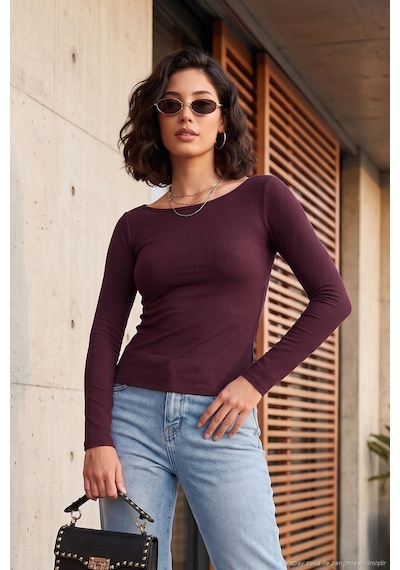 Lela Kayık Yaka Basic Uzun Kollu Bluz Kadın Bluz 5867061 Mürdüm