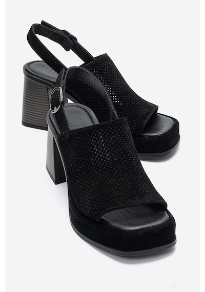 Luvi Shoes Penvıa Siyah Süet Hakiki Deri Kadın Kalın Topuklu Sandalet