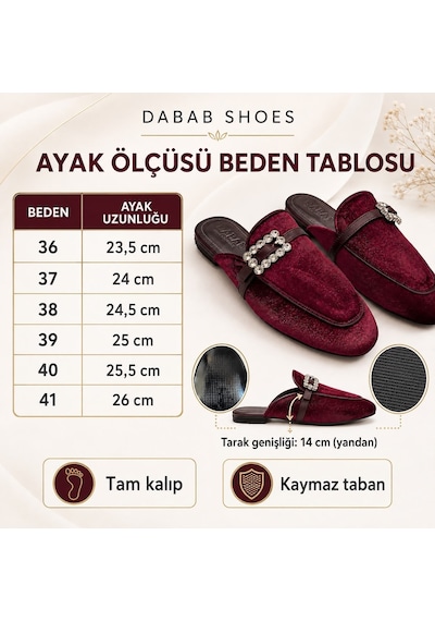 Dabab Shoes Marıgold Kadın Taşlı Tokalı Bordo Kadife Görünümlü Kapalı Burun Düz Taban Mule Terlik