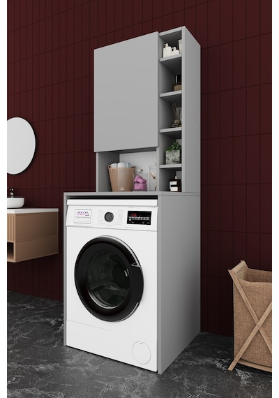 Asra Trend Çamaşır Makinesi Üstü Banyo Dolabı BD-02 %100 MDF Kapaklı Organizer Raf Kül Gri