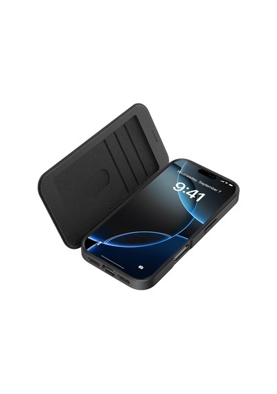 Apple Uyumlu iPhone 17 Kılıf M-safe Şarjlı Raptic Air Folio Şeffaf Kartlıklı Kapaklı Kılıf Siyah