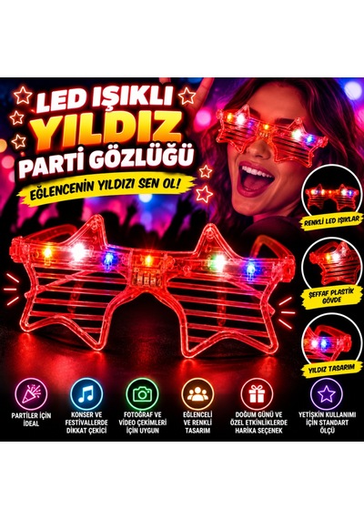 Kırmızı Led Işıklı Yıldız Parti Gözlüğü