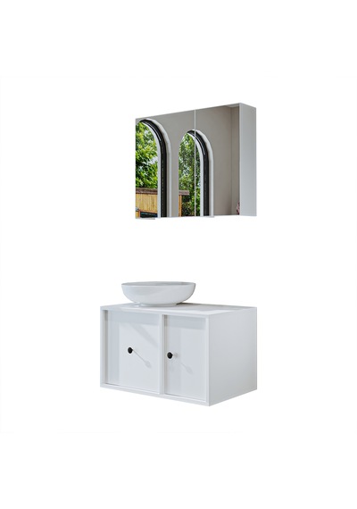 Lavabolu Mat Mdf 75 Cm Çekmeceli Dolabı + Aynalı Dolabı Beyaz Mat Beyaz