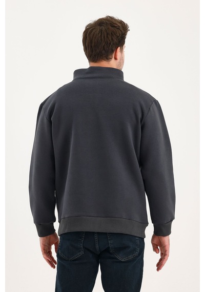 Genius Store Unisex Sweatshirt Rahat Kesim Pamuklu Içi Polarlı Yarım Fermuarlı Dik Yaka Sweatshirt Füme