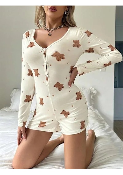 Ang Butik Kadın Pamuklu Ekru Ayıcık Desenli Düğmeli Tulum Pijama