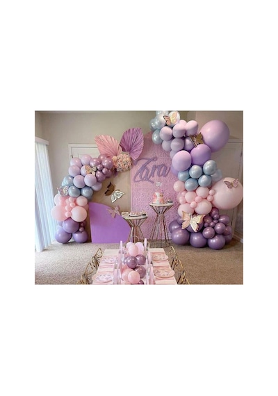 Retro Pembe Lila Doğum Günü Balon Zinciri Seti 105 Adet Balon 1 Adet Pompa 1 Adet Zincir Mix