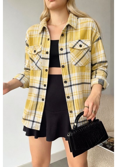 Mamayaga Kadın Desen Bloklu Oduncu Oversize Bol Ve Geniş Kalıp Casual Cepli Yakalı Ceket Gömlek Açık Sarı