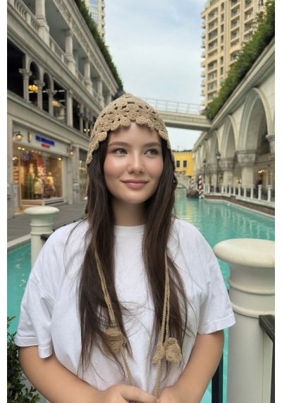 Mollycrush Camel Örgü Yazlık Bere Çiçek Motifli Yazlık Şık Saç Aksesuarı Kahverengi