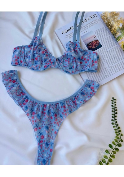 Mavi Çiçek Detaylı Balenli Bralet Sütyen Set Mavi