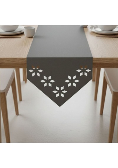 1 Adet Deri Runner-40x140 Cm-çiçek Desenli Runner Gri
