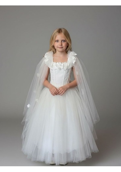 Zekids Kız Çocuk Kol Detaylı Prenses Model Abiye Elbise-17245 Beyaz