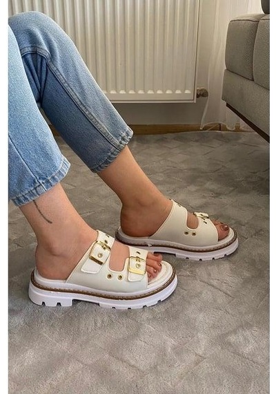Asmi Shoes Kadın Çift Bant Kapsül Detaylı Kalın Taban Ortopedik Terlik Beyaz Beyaz