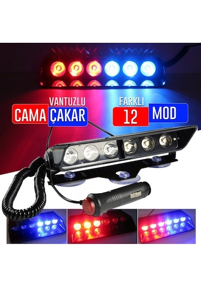Araç İçi Vantuzlu Çakar Lamba Cam Çakar Kırmızı-mavi