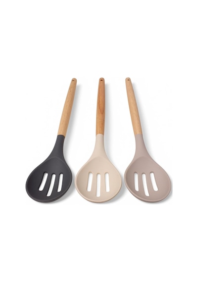 Deconox Bambu Saplı Silikon Delikli Servis Kaşığı, Bambu Uzun Silikon Delikli Servi Kaşığı 27cm 3 Renk Seçenek