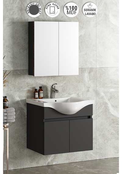 Yıldız 65 Cm Antrasit Gri Mdf Lavabolu Asma Banyo Dolabı Takımı Antrasit - Gri